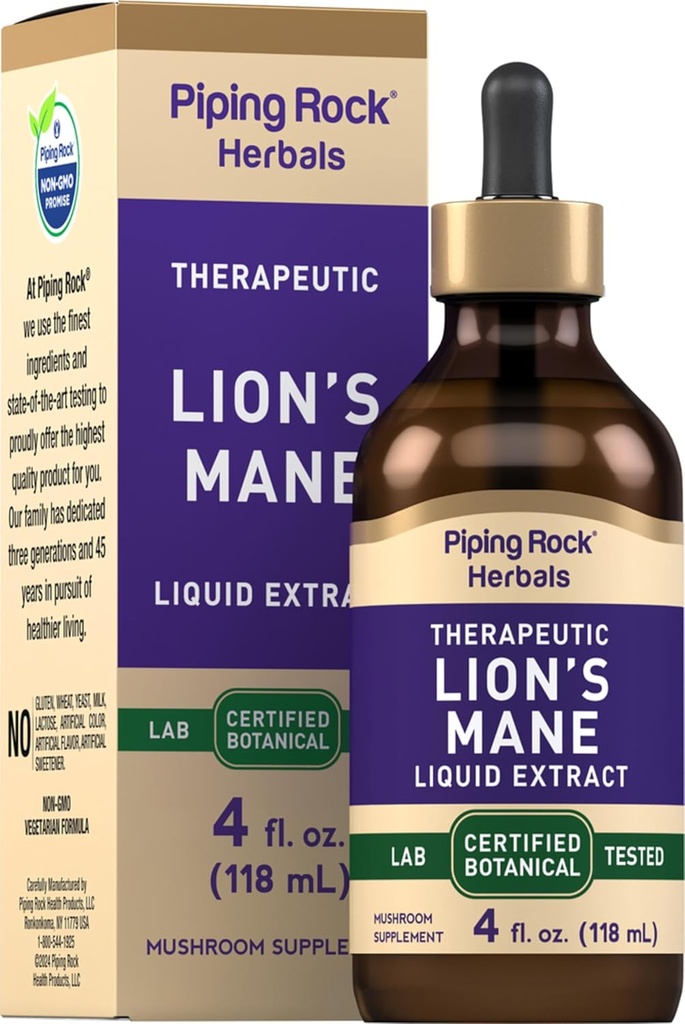 Piping Rock Lions Mane Tincture ← 4 Fl Oz ← Mushroom Extract Liquid Drops ← Alcohol Suplemento gratuito Silencio Vegetariano, No GMO, Gluten Free