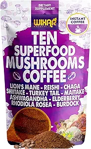 WIXAR Superfood Mushroom Coffee - Instant Coffee Powder, Diez Superfood Extractos con Lion's Mane, Turquía Tail, Reishi, Chaga, Shiitake, Ashwagandha, Rhodiola Rosea, Elderberry, 5oz Mushroom Suplemento