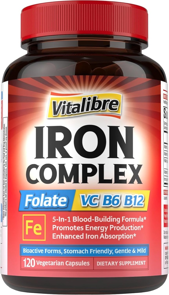 Suplemento de hierro para hombres y mujeres, con vitaminas C, B6, B12 &amp; Folate for Iron Deficiency, Blood Building " Energy Support, Stomach Friendly, Better Absorption, Non-GMO,No Gluten,120 Vegan Caps