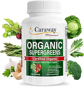 Organic Superfoods Vitamins Super Greens Complex by Caraway Vitamins 1,350 mg per Serving 28 Fruits Vegetables Greens 60 Count Tablets Non-GMO Natural for Men & Women