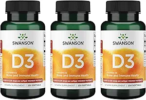 Swanson Vitamina D3 - Suplemento de vitaminas Promoción de la salud ósea &amp; Apoyo al sistema inmunológico - Apoyo natural para la distribución de calcio " Absorción - (250 Softgels) 3 Pack