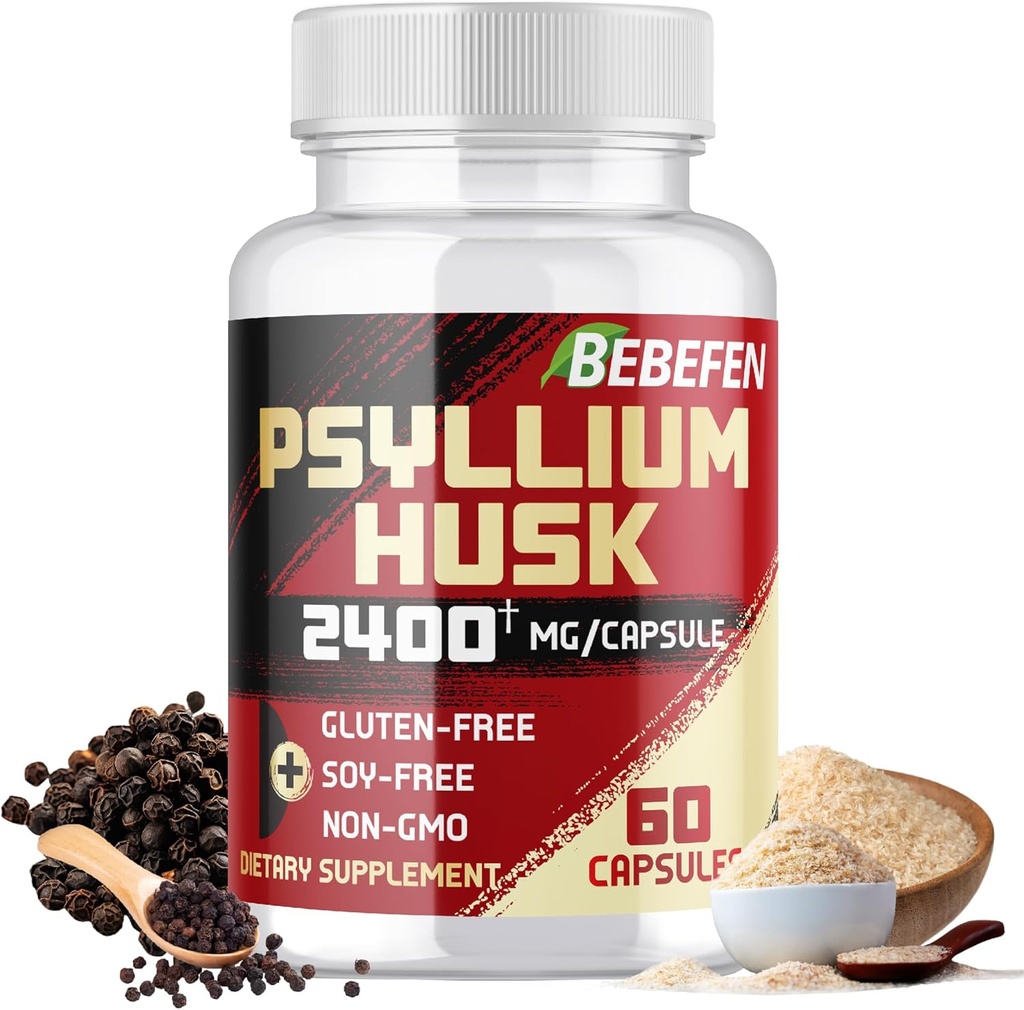 BEBEFEN Psyllium Husk Capsules 2400mg con Black Pepper - 2 Month Supply - Daily Soluble Fiber for Gut Health - Non-GMO and Gluten-Free Formula