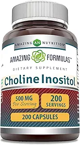 Amazing Formulas Choline &amp; Inositol Supplement TEN 500 Mg Por Serving TENS ANTE LAS Cápsulas ANTERIGEN GRATUITO Gluten-Free TEN Made in USA (1 Pack, 200 Cuenta)