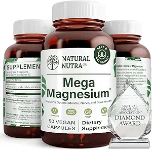 Natural Nutra Mega Magnesio 400mg Suplemento - Alta Absorción Amino Acid Chelate, Mejores Vibes, Citrate, Malate Blend para el Crecimiento del Musculo, Bone Strength, Heart Health, Nerve Support - 90 cápsulas