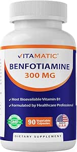 Vitamatic Benfotiamine 300 mg 90 Vegetarian Capsules - Also Called Fat Soluble Vitamin B1 (90 Count (Pack of 1)) (1 Bottle)