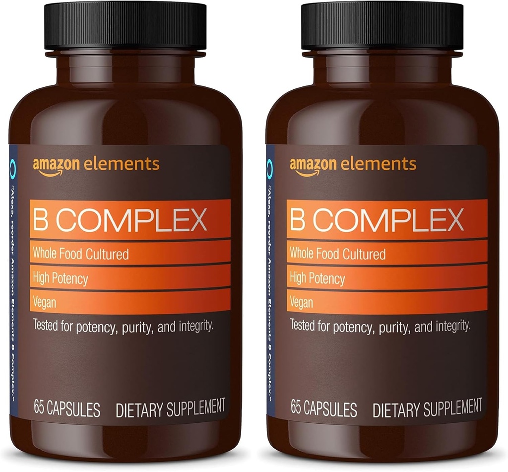 Elementos B Complejo, Alta Potencia, 83% Comida entera cultivada, apoya el metabolismo de la energía inmune y normal, vegano, 65 cápsulas, 2 mes de suministro (Packaging May Vary) (Pack of 2)