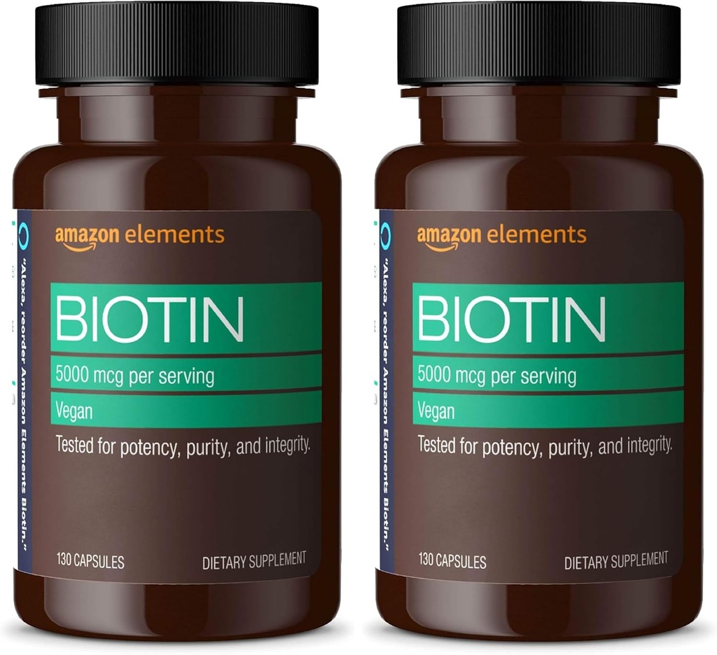 Elementos Vegan Biotina 5000 mcg - Peluquería, Piel, Nails, 130 Capsules (4 Month Supply) (Packaging May Vary) (Pack of 2)