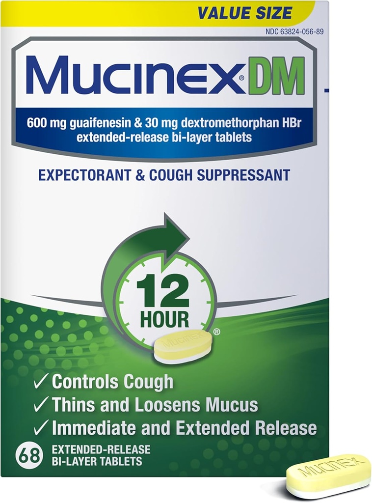 Mucinex DM 12Hr Chest Congestion " Cough Medicine for Adults, Cold And Cough Medicine for Excess Mucus Relief, 600 mg Guaifenesin " 30 mg Dextromethorphan HBr, 68 Bi-Layer Tablets