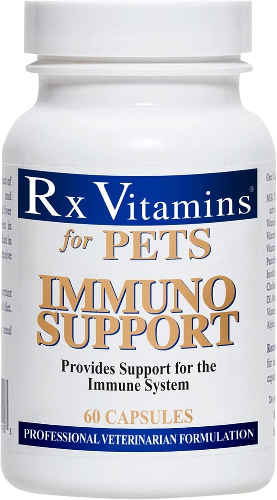 Vitaminas Rx para Mascotas Apoyo Inmuno para perros &amp; gatos - Soporte de sistema inmunitario - Ayuda Función cerebral Huesos Musculos Estrés " Envejecimiento - 60 cápsulas