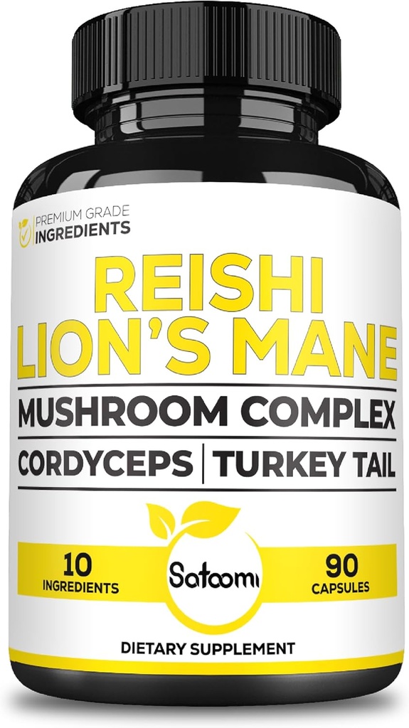 Satoomi Reishi Suplemento Complejo 5000Mg - 10in1 Combinado con Lions Mane, Cordyceps Sinensis, Chaga Mushroom &amp; Otros - 90 cápsulas para 3 meses