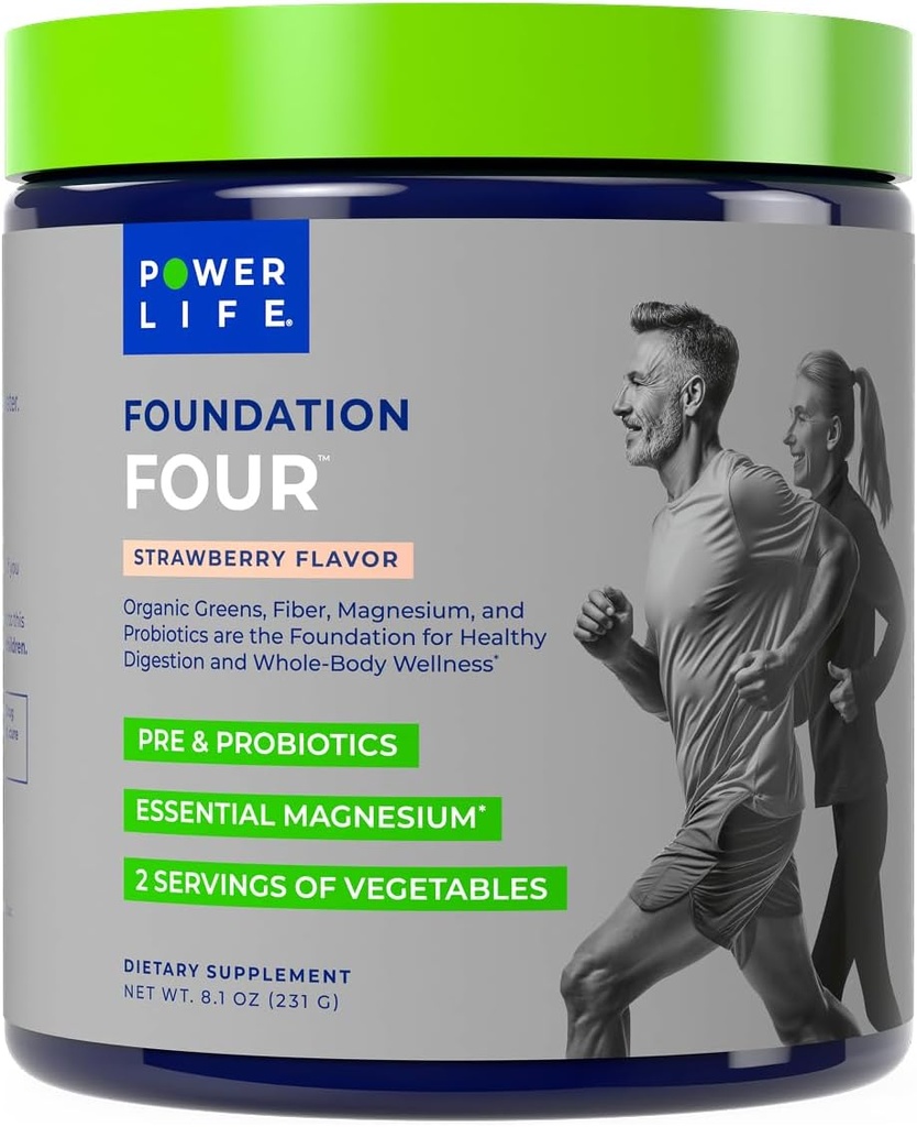 Fundación POWERLIFE Cuatro Verdes Beben con Pre " Pro Biotics, Magnesio Esencial, 2 Servimientos de Verduras, Sabor Fresa 30 Servimientos