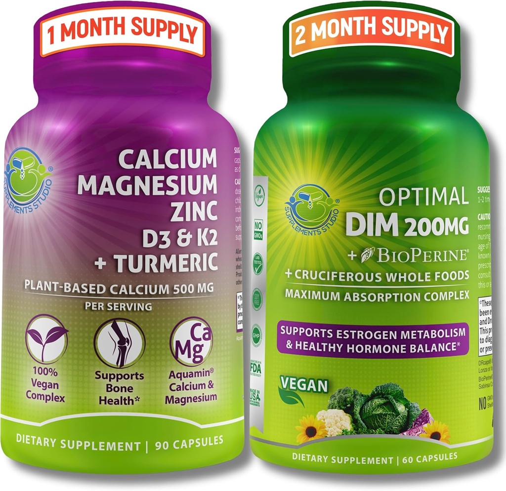 Bone & Hormonal Support Bundle – DIM 200mg with BioPerine® & Cruciferous Vegetables + Plant-Based Calcium 500mg, Magnesium, Zinc, D3, K2 & Turmeric – Vegan, Non-GMO, Clean Daily Wellness Support