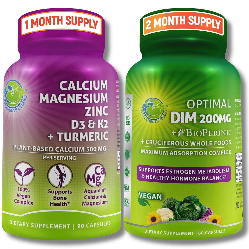 Bone &amp; Hormonal Support Bundle – DIM 200mg con BioPerine® & Cruciferous Vegetables + Calcio de base vegetal 500mg, Magnesium, Zinc, D3, K2 & Turmeric – Vegan, Non-GMO, Clean Daily Wellness Support