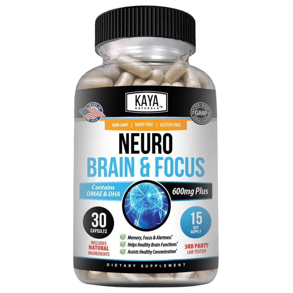 Kaya Naturals - Neuro Brain for Memory & Focus - Cápsula de energía nootrópica - Suplemento Nootropic Brain Support - Focus " Concentration " Learning Accuracy - Función cognitiva - 30 Conteo