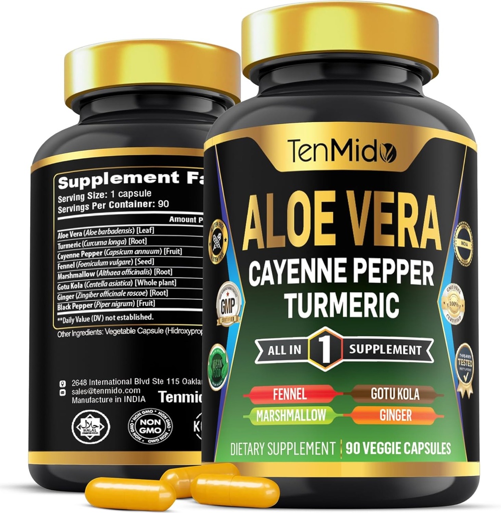 Aloe Vera Capsules Suplemento - 8in1 Fórmula - Combina con Turmeric, Cayenne Pepper, Marshmallow, Fennel, Gotu Kola, Ginger y Black Pepper - 90 cápsulas para 3 meses de suministro