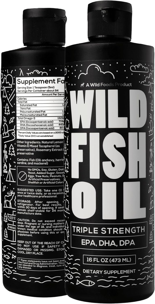 Wild Foods Liquid Omega 3 Fish Oil Supplement, Lemon, 16 oz (2 pk) | Wild Caught, Burpless, Odorless, Non-GMO, Gluten Free | DPA, DHA, EPA Triple Strength Omega-3 Nutrition for Women & Men
