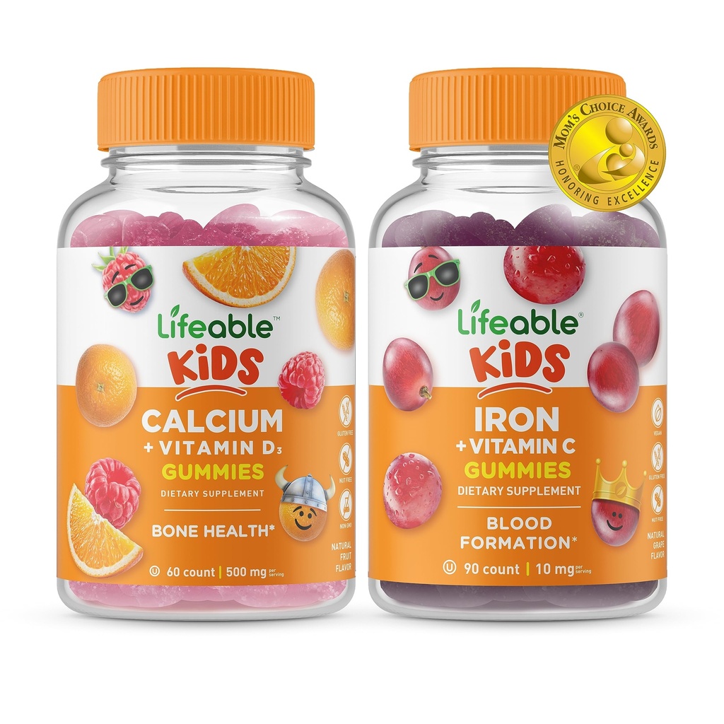 Calcio habitable con vitamina D Niños + Hierro &amp; Vitamina C Niños, Gummies Bundle - Gran Tasting, Suplemento de vitamina, Gluten Gratis, GMO Gratis, Chewable Gummy