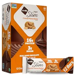 NuGo Slim Dark Chocolate Crunchy Peanut Butter, 17g Vegan Protein, 3g Sugar, 7g Fiber, 180 Calories, Low Net Carbs, Gluten Free, 12 Condes