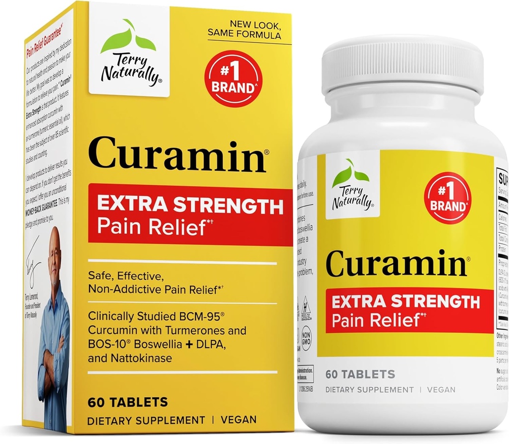 Terry Naturalmente Curamin Extra Strength - Curcumin &amp; Boswellia Suplemento para la Circulación Saludable Apoyo - Suplemento Turmérico para las articulaciones de apoyo, salud muscular " Producción endorfina - 60 Tabletas