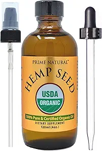 PRIME NATURAL Organic Hemp Seed Oil 4oz - USDA Certified - Sativa Oil - Pure, Frío Presionado, Virgen, No refinado, Vegan, Grado Alimentario - Alta Omega 3 6 9 ácidos grasos - Bien por cara, cuerpo, piel y cuidado del cabello