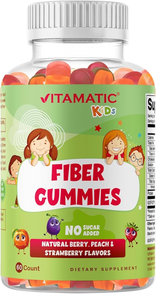 Vitamatic Kids Prebiotic Fiber Gummies – Extra Strength 4g Fiber – Zero Sugar Añadido – 60 Gummies Basadas en Pectin – Digestive Health & Regularity Support