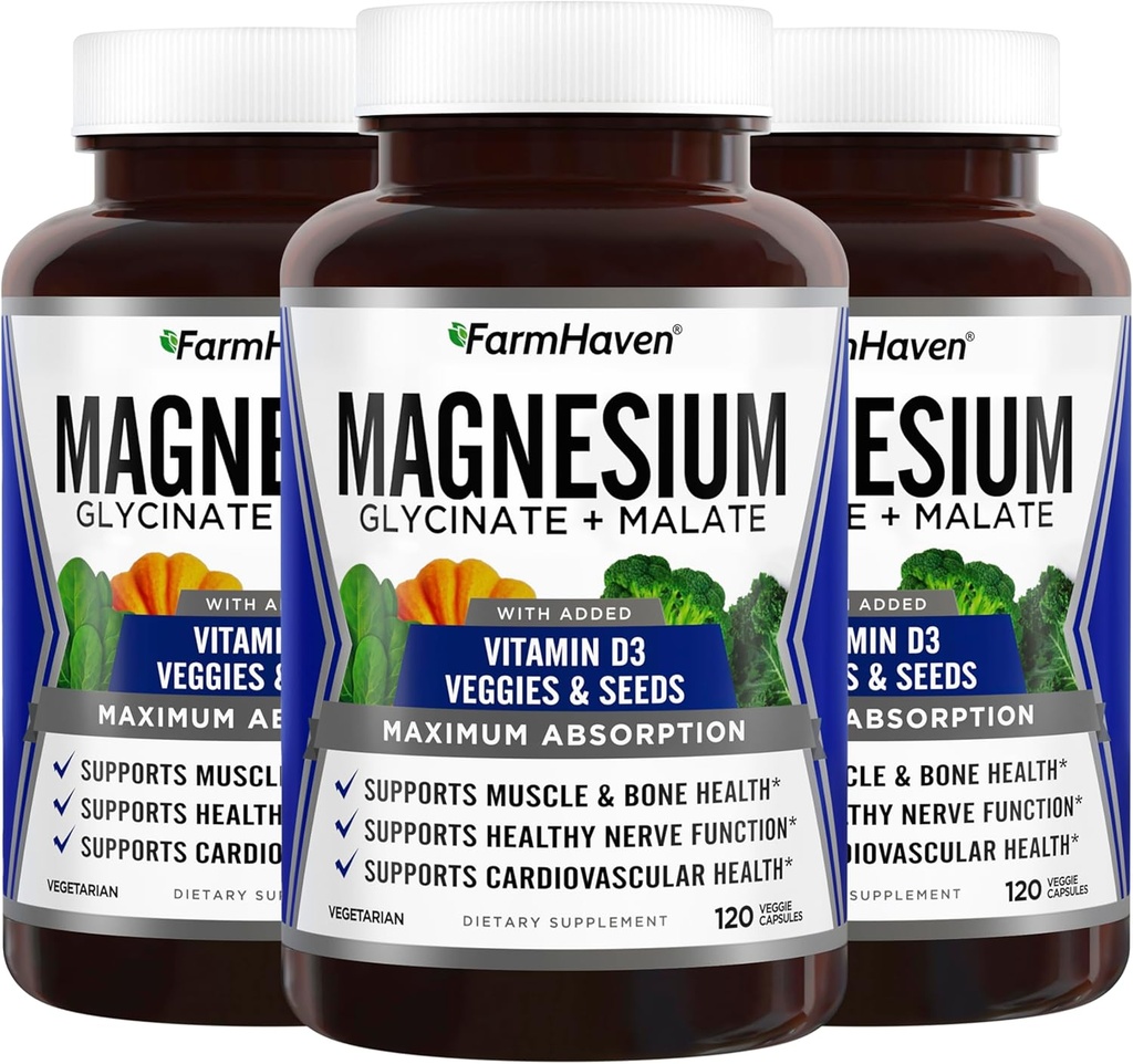 FarmHaven Magnesium Glycinate &amp; Malate Complex w/ Vitamin D3, 100% Chelated for Max Absorption, Vegan – Bone Health, Nerves, Muscles, 360 Capsules, 180 Days