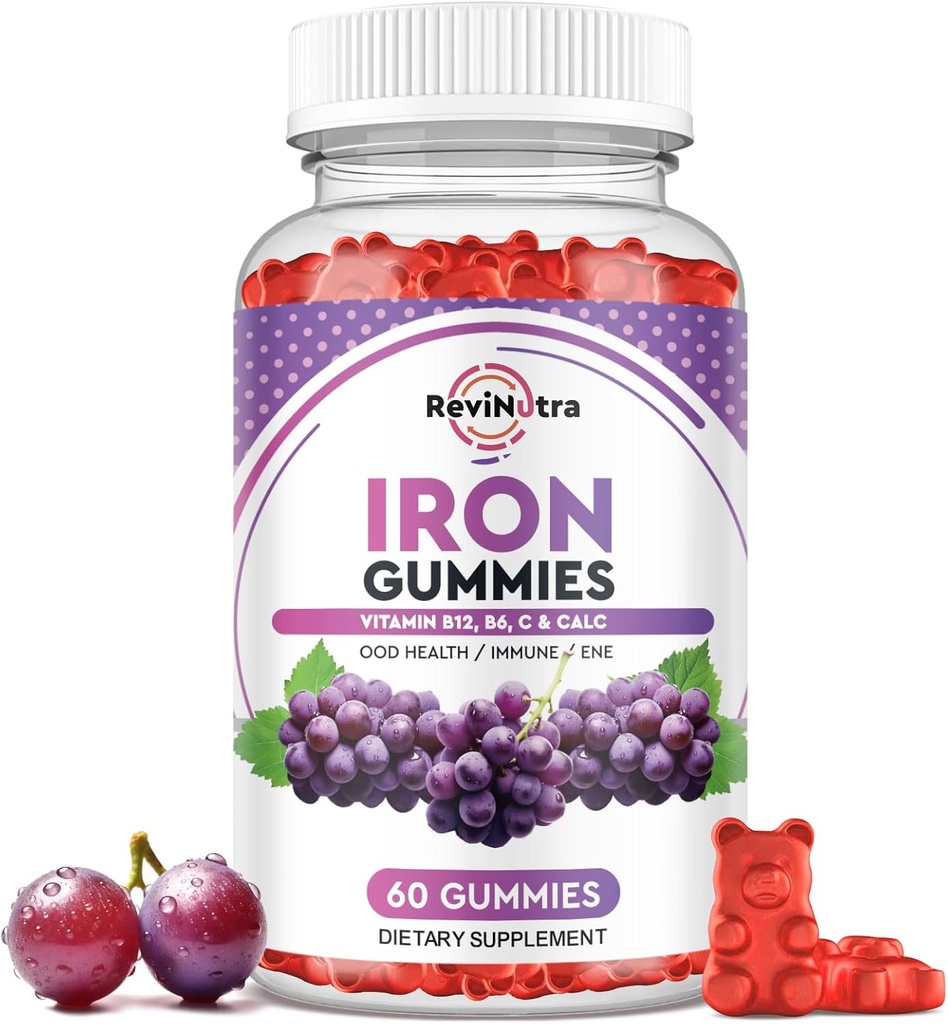 Gummies de hierro - con calcio, zinc, folato " Vitamina B12, C, B6 para adultos " Niños - Constructor de sangre " Apoyo energético para la deficiencia de hierro, anemia, vegano - sabor de uva,60 Gummies