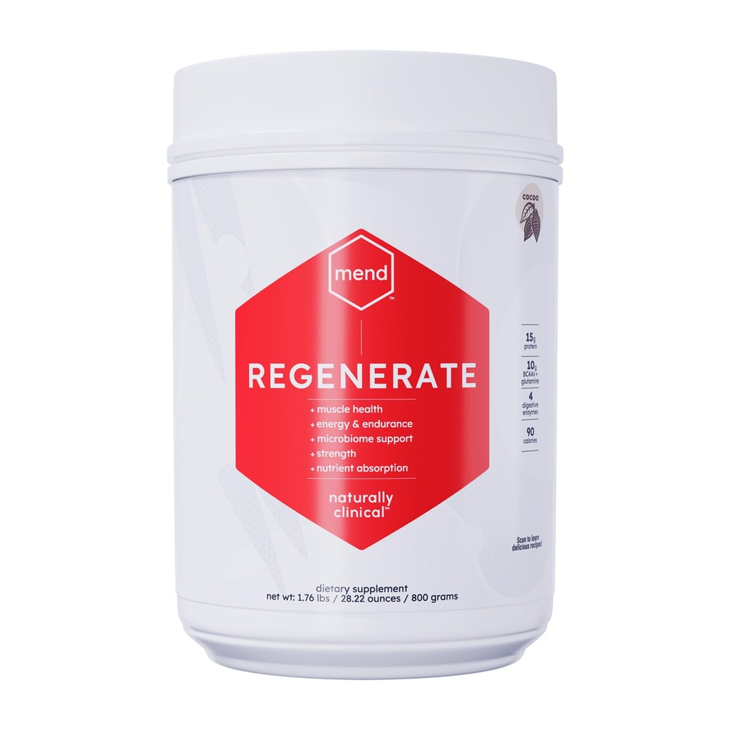 MEND Regenerar, recuperación después del entrenamiento, apoyo inmunitario y suplemento de nutrición deportiva para hombres y mujeres - Natural, sin gluten y no GMO - Cocoa Protein Polvo, 20 Servimientos