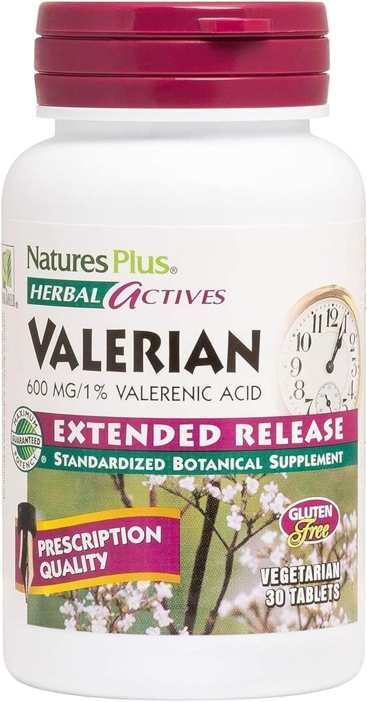 Natures Plus Activos Herbal Tablas de liberación ampliada Valerian - 600 mg, 30 Tablas Vegan - Vegetariano, Libre de gluten - 30 Servimientos