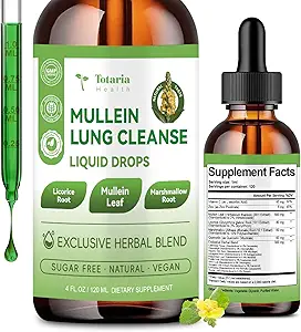 Mullein Drops for Lungs with Licorice, Marshmallow Root, Chlorophyll, 4 FL.OZ Sugar Free Mullein Drops for Lung Detox, Respiratory & Immune Wellness, Lung &amp; Bronchial Cleanse for Smokers, No Alcohol