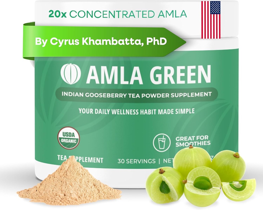 Amla Powder &amp; Green Tea Superfood Supplement, 20x Ultra Concentrated Amla, Antioxidant Support, Made with Oolong Tea and Indian Gooseberries, Organic, Vegan, Classic Flavor, 30 Servings