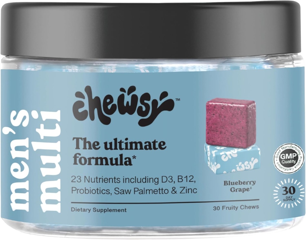 CHEWSY - Mandíbulas multivitamínicas para hombres - Soporte de inmuno y energía, vitamina A, B12, C, D3, E, ácido fólico, Probióticos, Zinc - suministro de 30 días