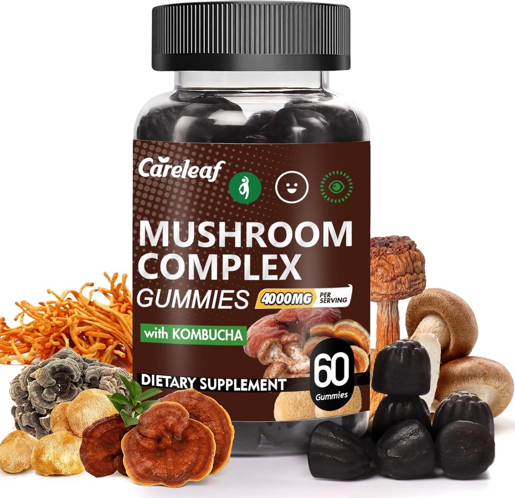 9 en 1 Mushroom Gummies con Lion's Mane for Focus Supplement and Energy Supplements to Support Immune System De-Stress Boost Mood & Energy 60 Conde Kombucha Flavor