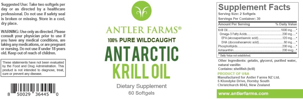 Antler Farms - 100% Puro Aceite de Krill Antártico de aguas frías, pristinas, 60 Softgels – Clean, Omega-3 EPA + DHA Suplemento w/Astaxanthin, Rapid Absorption