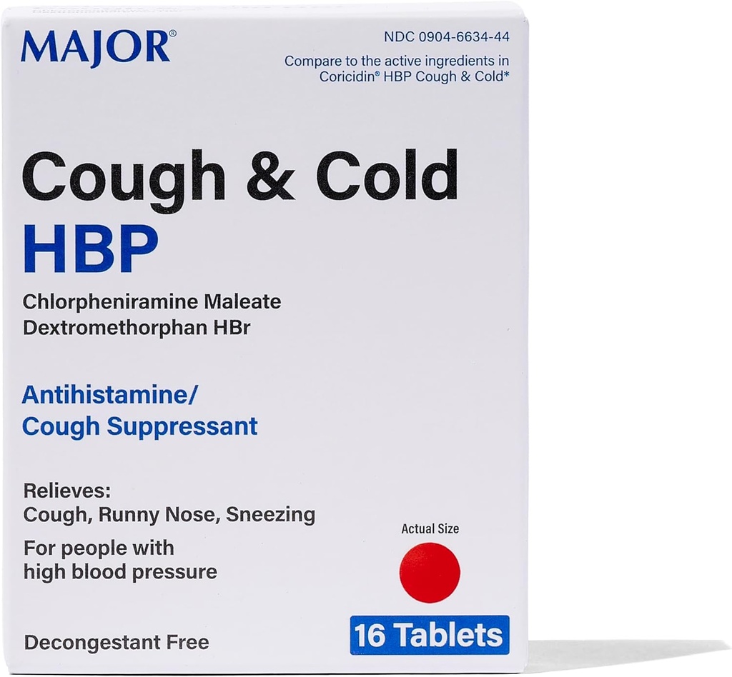 Principales tablas de tos y HBP frío - Antihistamínico y tos sopresivo para personas con alta presión arterial - Dextromethorphan HBr, clorpheniramine Maleate - 16 Conde (1 Pack)