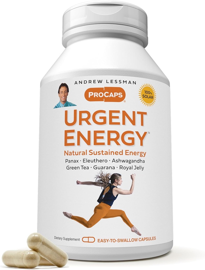 ANDREW LESSMAN Urgent Energy 180 Capsules - Proporciona un medio seguro y saludable de mejorar los niveles de energía y sentimientos de bienestar, té verde, guaraná, ginseng, jalea real, Ashwagandha, B-Complex