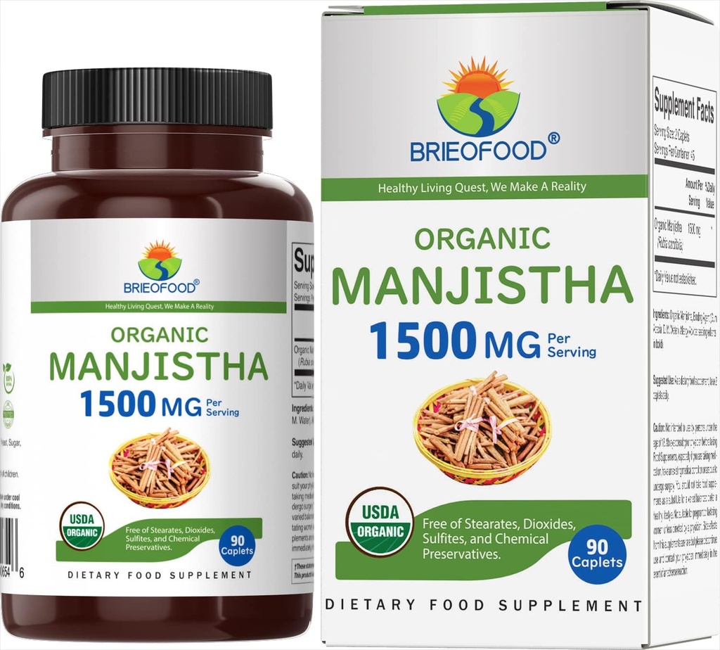 Brieofood Organic Manjistha 1500mg, 45 Servings, Vegetariano, Gluten Gratis, 90 Tablets Vegetarianos