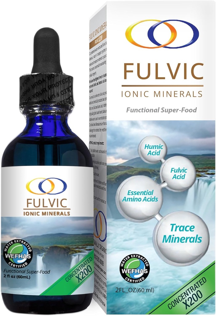 Agua óptimamente Orgánica Extracto Minerales Iónicos Fulvic X200 - BioActivo Ácido Fulvico, Ácido Humico, Minerales Trace, Electrolitos & Aminoácidos Esenciales - 5+ Month Supply