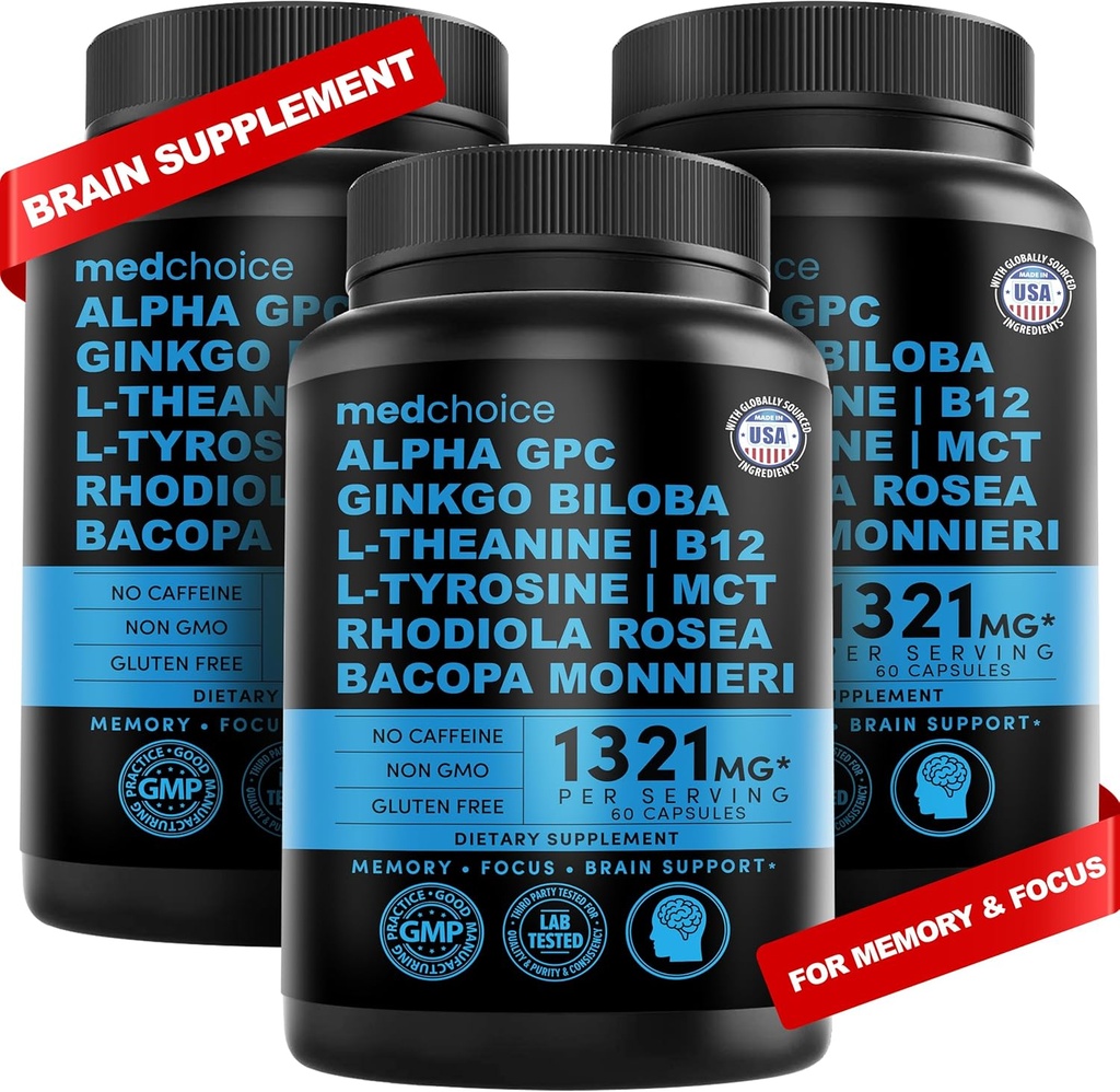 12-en-1 Suplemento Nootropic Cerebro Anhydrous: Ginkgo Biloba para soporte cerebral, memoria y foco - B12, Alpha GPC, L Theanine y suplementos de línea con bioperina No Caffeinated 1321mg (180ct)