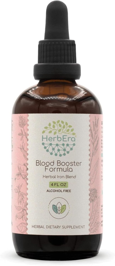 HerbEra Blood Booster Fórmula B120 Extracto libre de alcohol Tintura: Hoja de cuello picante, hoja de dandelión, espinacas, espirulina, Alfalfa, raíz de muelle amarillo, Herbal Iron Blend 4 Fl Oz
