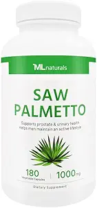 ML Naturals Saw Palmetto 1000 mg 180 cápsulas vegetales. Calidad Premium 4:1 Extracto. Prostata, salud urinaria, crecimiento del cabello y ayuda a prevenir la pérdida del cabello, NSF-Certified " cGMP-Compliant
