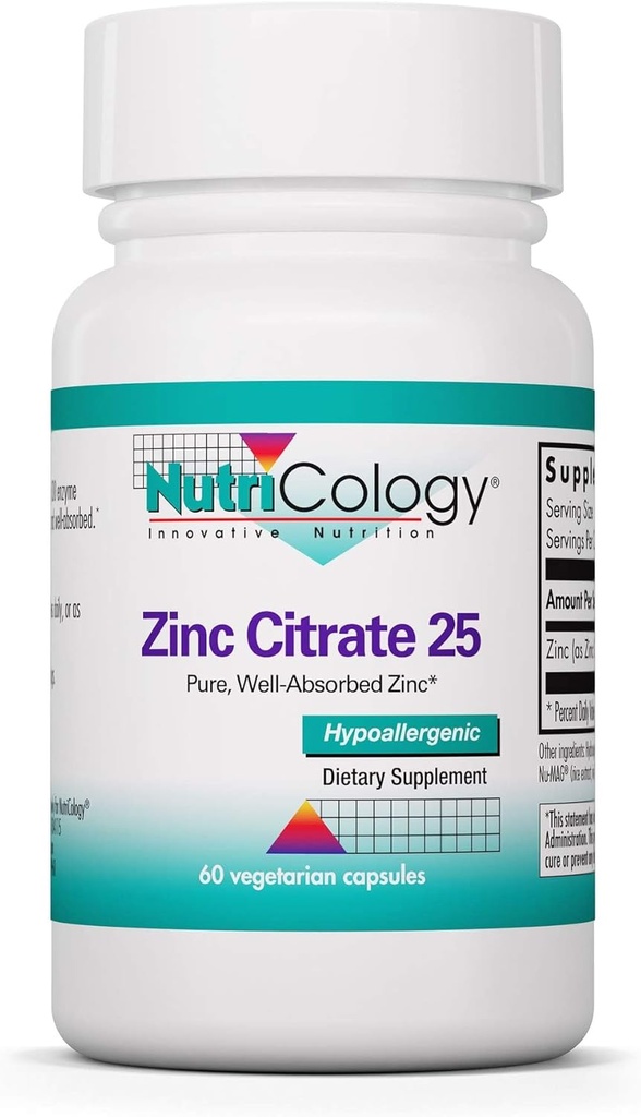 Nutricology Zinc Citrate Supplement - 25mg Zinc for Men &amp; Women, Immune Support, Pure, Well-Absorbed, Well-Tolerated, Trace Mineral, Vegetarian Capsules - 60 Cuenta