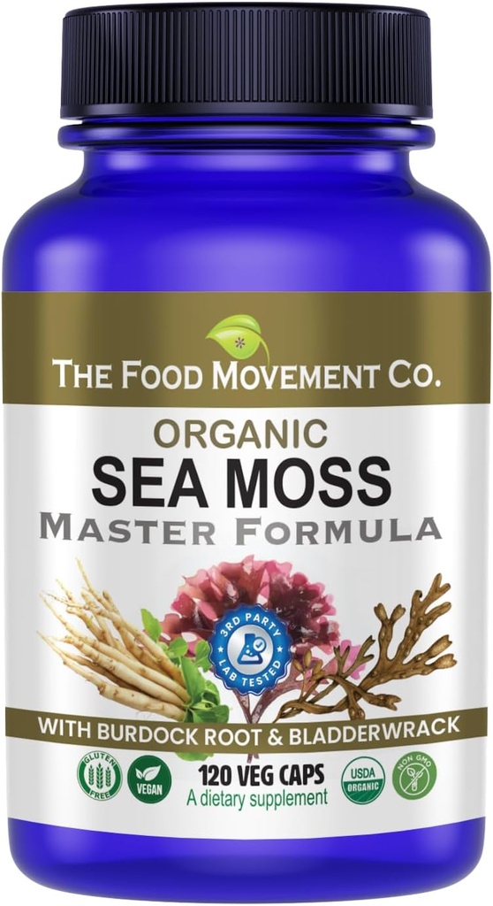 EL MOVIMIENTO DE FOOD CO. Moss Master Fórmula con Burdock Root & Bladderwrack para Gut Health Silencioso orgánico Vegan Suplemento para Mujeres y Hombres ← Irlandés Moss Blend for Optimal Well-Being (120)