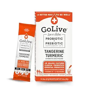 Prebiótico y Probiótico GoLive para Mujeres, Hombres, Niños. Tangerine Turmeric Sinbiótico Polvo w / L-Glutamina, Vitamina D3, Electrolitos. Para Gut Health, Digestión, Metabolismo, Inmunity 15-50B CFUs.