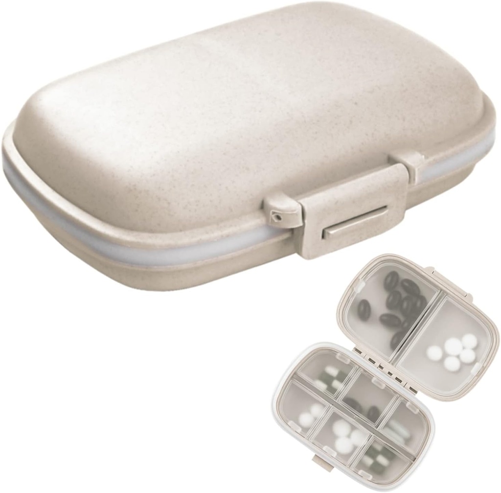 1Pack Travel Pill Organizer, 8 Compartments Portable Pill Case, Small Pill Box for Pocket Purse Medicina Portable Vitamin Container Beige