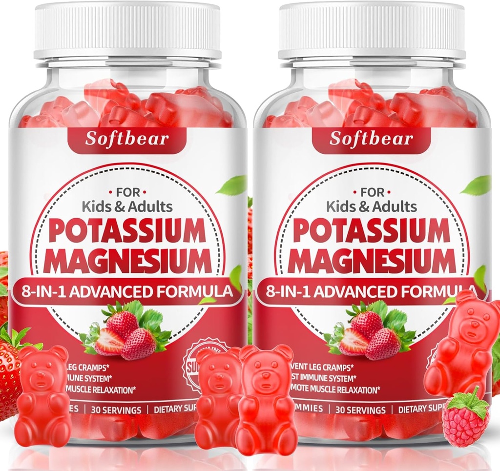 softbear Potasio Gummies para Adultos, Alta Absorción Magnesio Potasio Suplemento con Vitamina B6 para Leg Cramps &amp; Muscle Health Sin Azúcar 120 Gummies