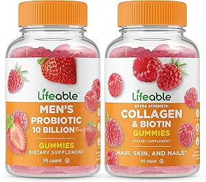 Probiótico de hombres vitales 10 billón + colágeno &amp; Biotina, Gummies Bundle - Gran Tasting, Suplemento de vitamina, Gluten Free, GMO Free, Chewable Gummy