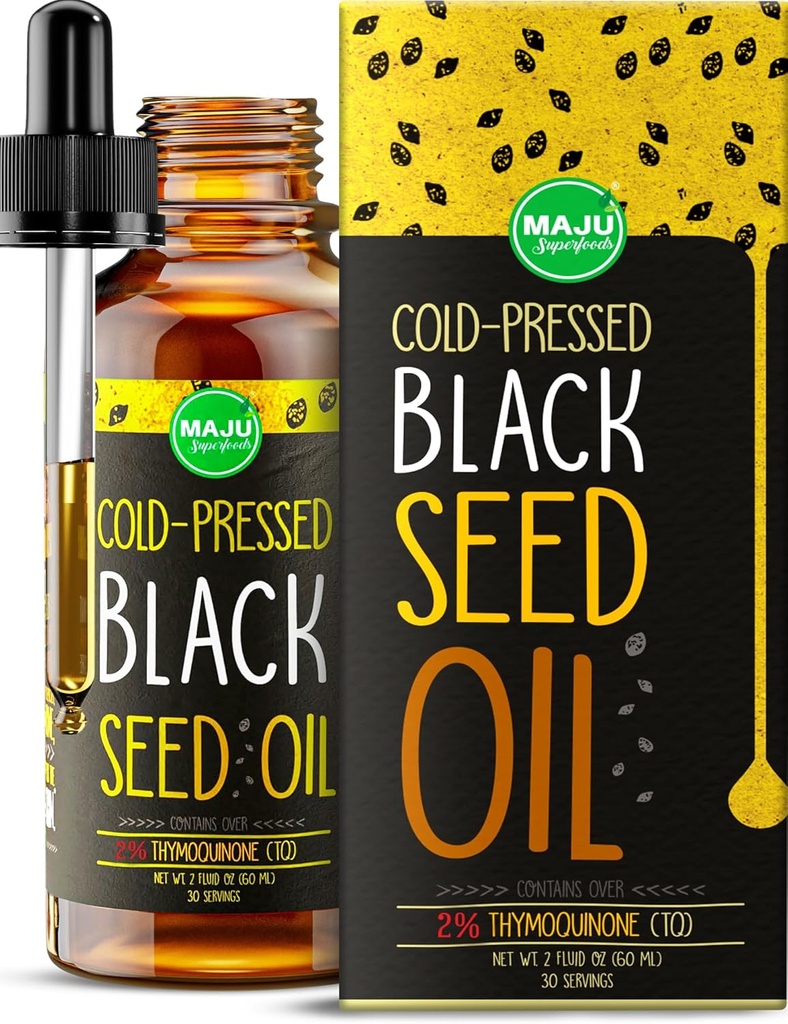 Maju Superfoods Black Seed Oil - 3 Times TQ, Cold-Presed, Tamaño del viaje, 100% Turco Negro Cumin Seed Oil, Liquid Pure Blackseed, Glass Bottle, 2 Oz