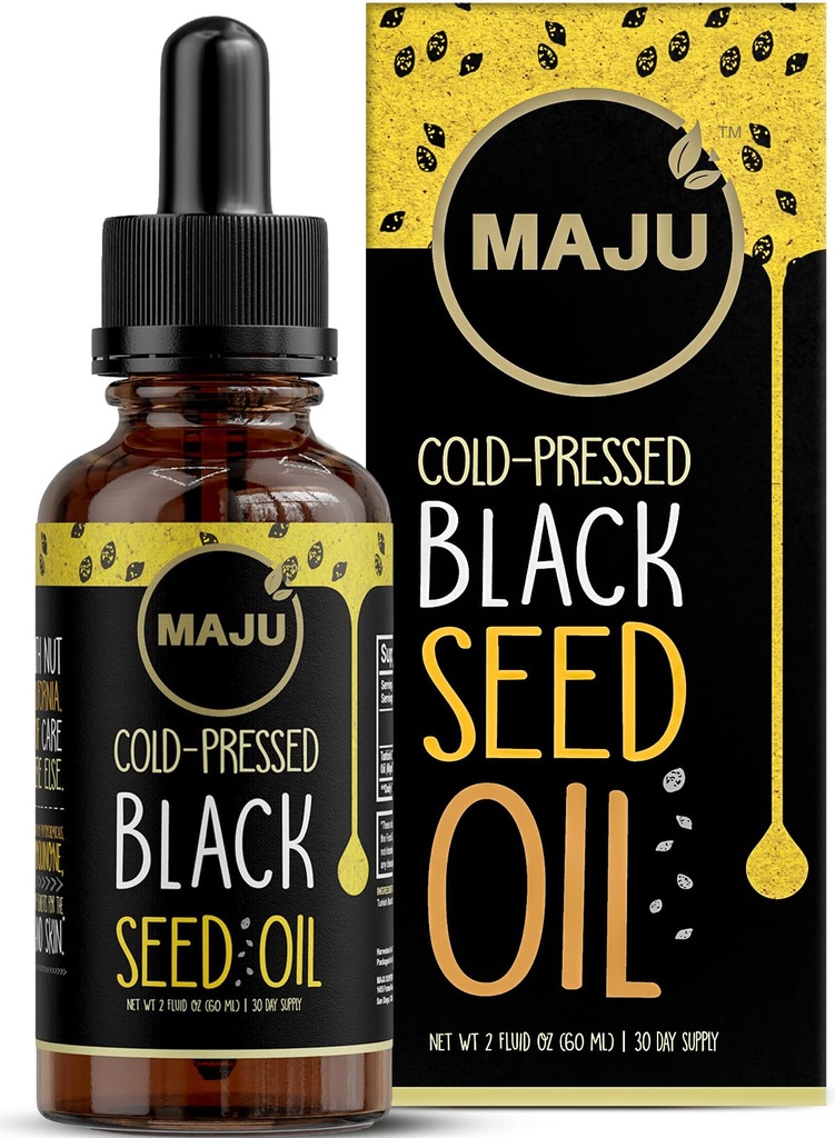 Maju Superfoods Black Seed Oil - 3 Times TQ, Cold-Presed, Tamaño del viaje, 100% Turco Negro Cumin Seed Oil, Liquid Pure Blackseed, Glass Bottle, 2 Oz