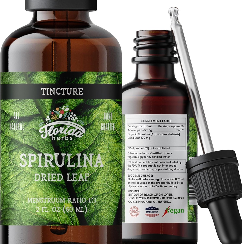 Spirulina Tincture, Extracto de Espirulina Orgánica (Arthrospira Platensis) Suplemento Herbal, No-GMO en Glicerina Vegetal Orgánica Fría Presionada, 700 mg, 2 oz (60 ml)
